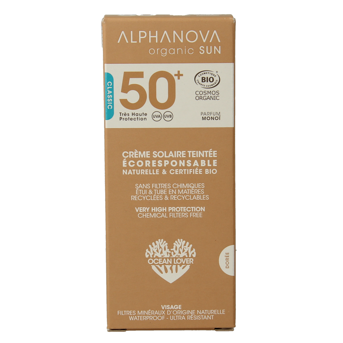 Alphanova Sun bio tinted sunscreen cream SPF50+ in a 50g tube, with a golden tint and natural sun protection for the skin.