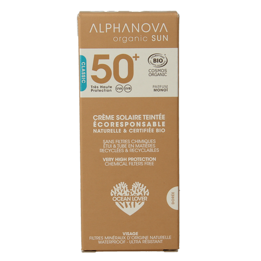 Alphanova Sun bio tinted sunscreen cream SPF50+ in a 50g tube, with a golden tint and natural sun protection for the skin.