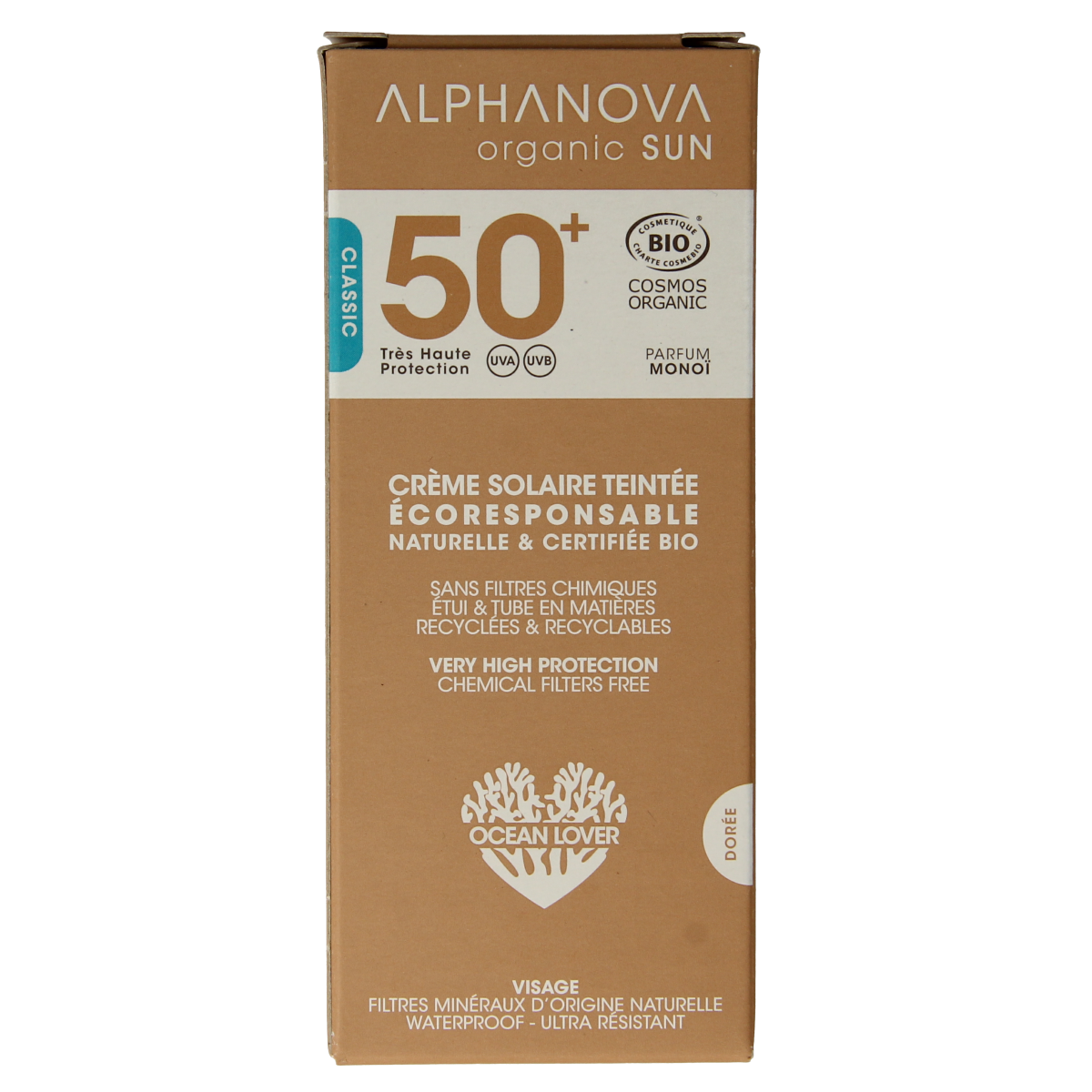 Alphanova Sun bio tinted sunscreen cream SPF50+ with golden tone, 50g, in a tube, for facial sun protection.