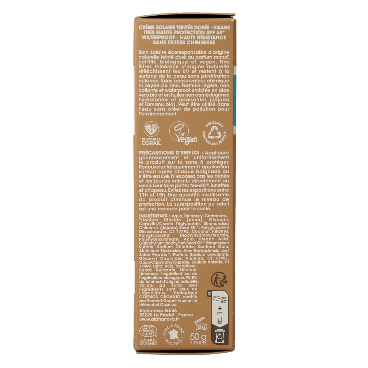 Alphanova Sun bio tinted sunscreen cream SPF50+ in 50g, featuring a golden tint and sun protection for face and skin.