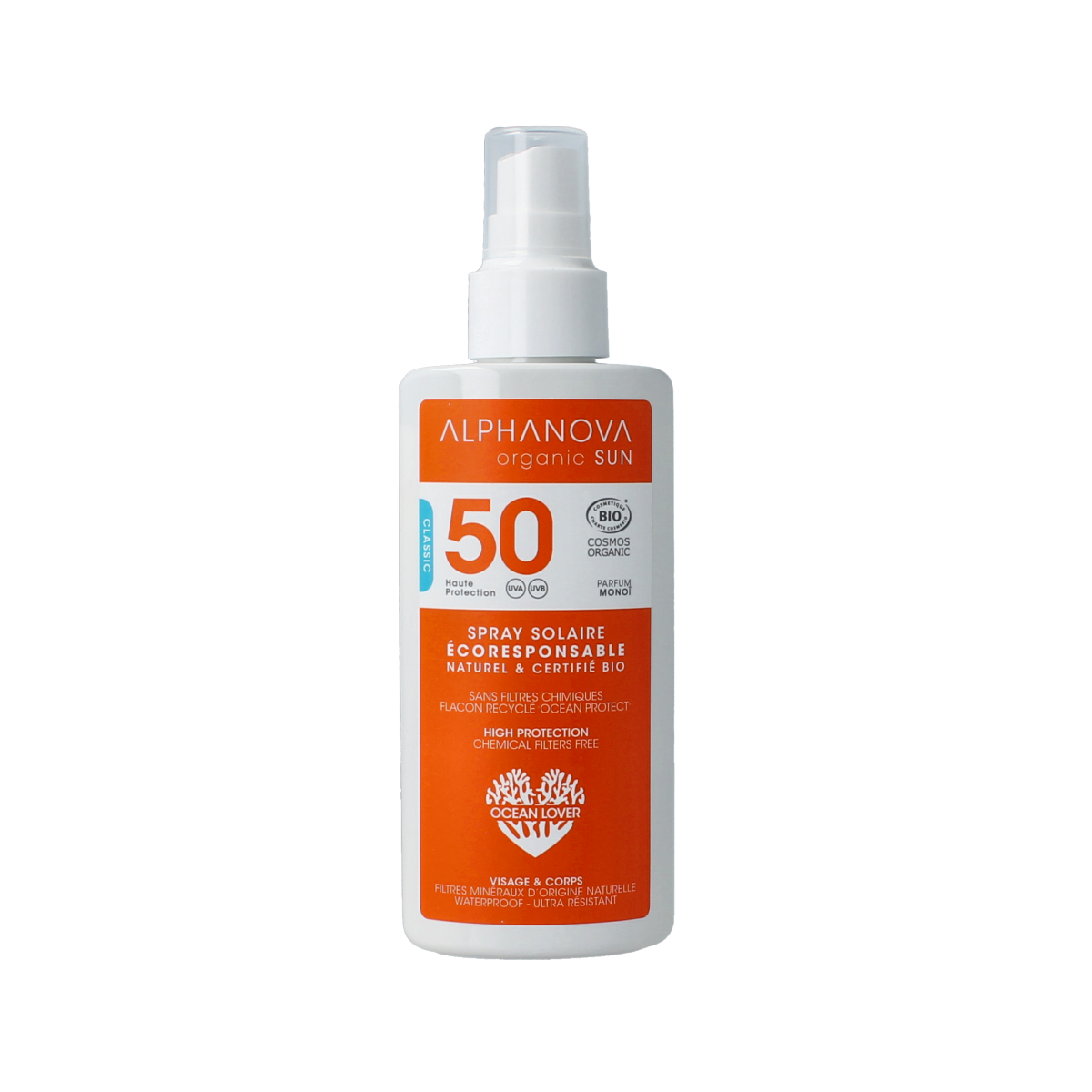 Alphanova Sun vegan SPF50 sun spray in 125g bottle, with spray nozzle, designed for sun protection and outdoor use.