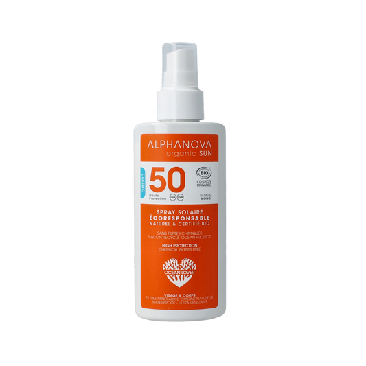 Alphanova Sun vegan SPF50 sun spray in 125g bottle, with spray nozzle, designed for sun protection and outdoor use.