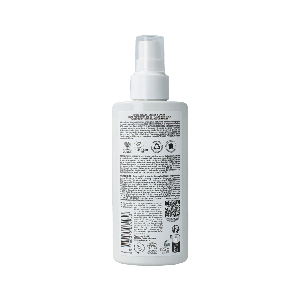 Alphanova Sun vegan SPF50 sun spray bottle, 125g, with a clear spray nozzle and UV protection label visible.