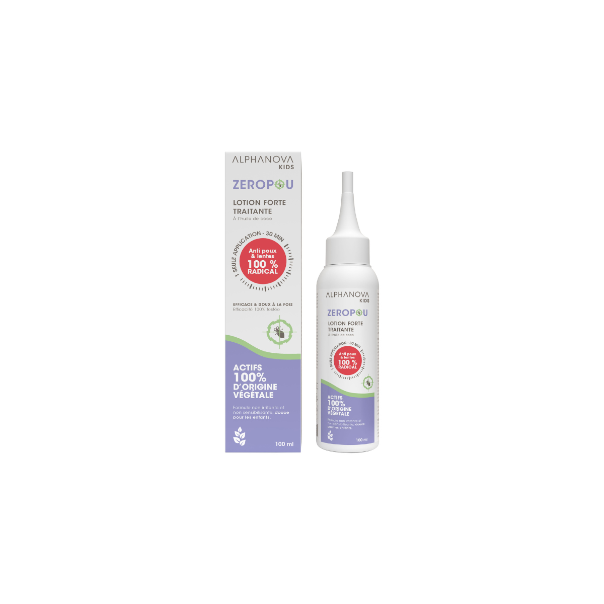 Alphanova Kids bio anti-head lice and nits lotion in a 100ml bottle, natural hair care product for children.
