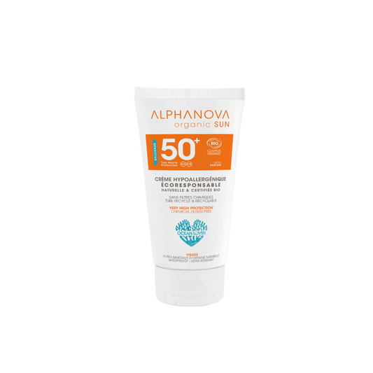 Alphanova Sun SPF50+ waterproof sun cream in a 50g tube, designed for effective sun protection and hydration.
