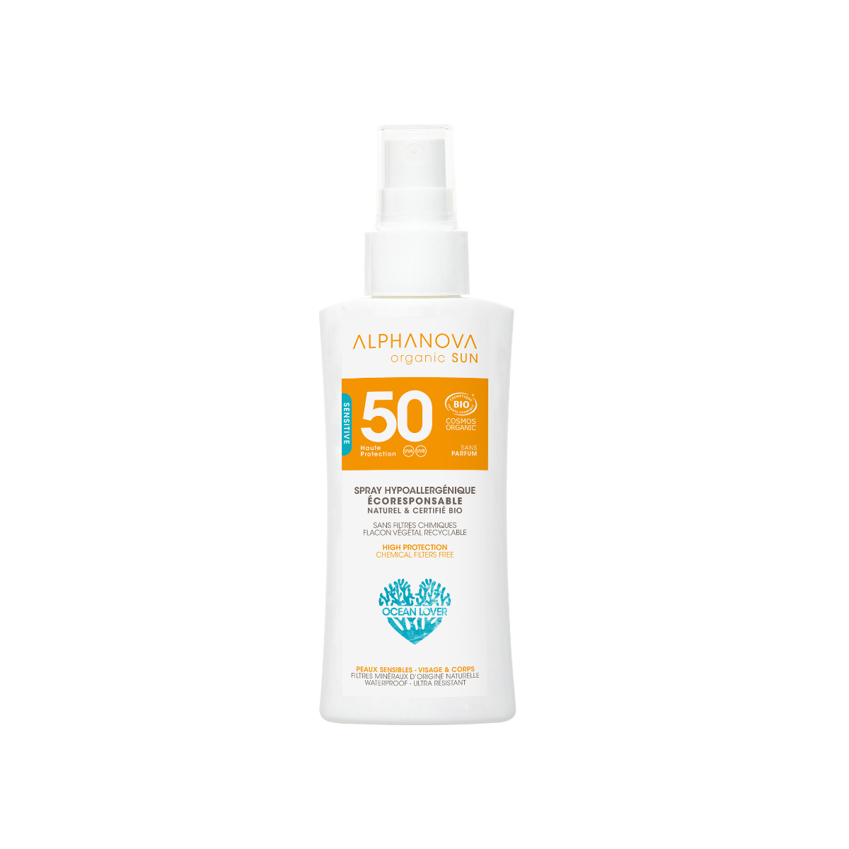 Alphanova Sun bio hypoallergenic SPF50 organic sun spray in a 90g bottle, suitable for sensitive skin, with a clear spray nozzle.