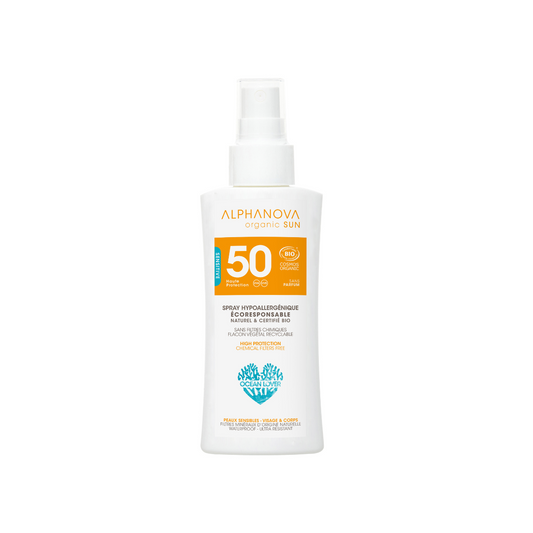 Alphanova Sun bio hypoallergenic SPF50 organic sun spray in a 90g bottle, suitable for sensitive skin, with a clear spray nozzle.