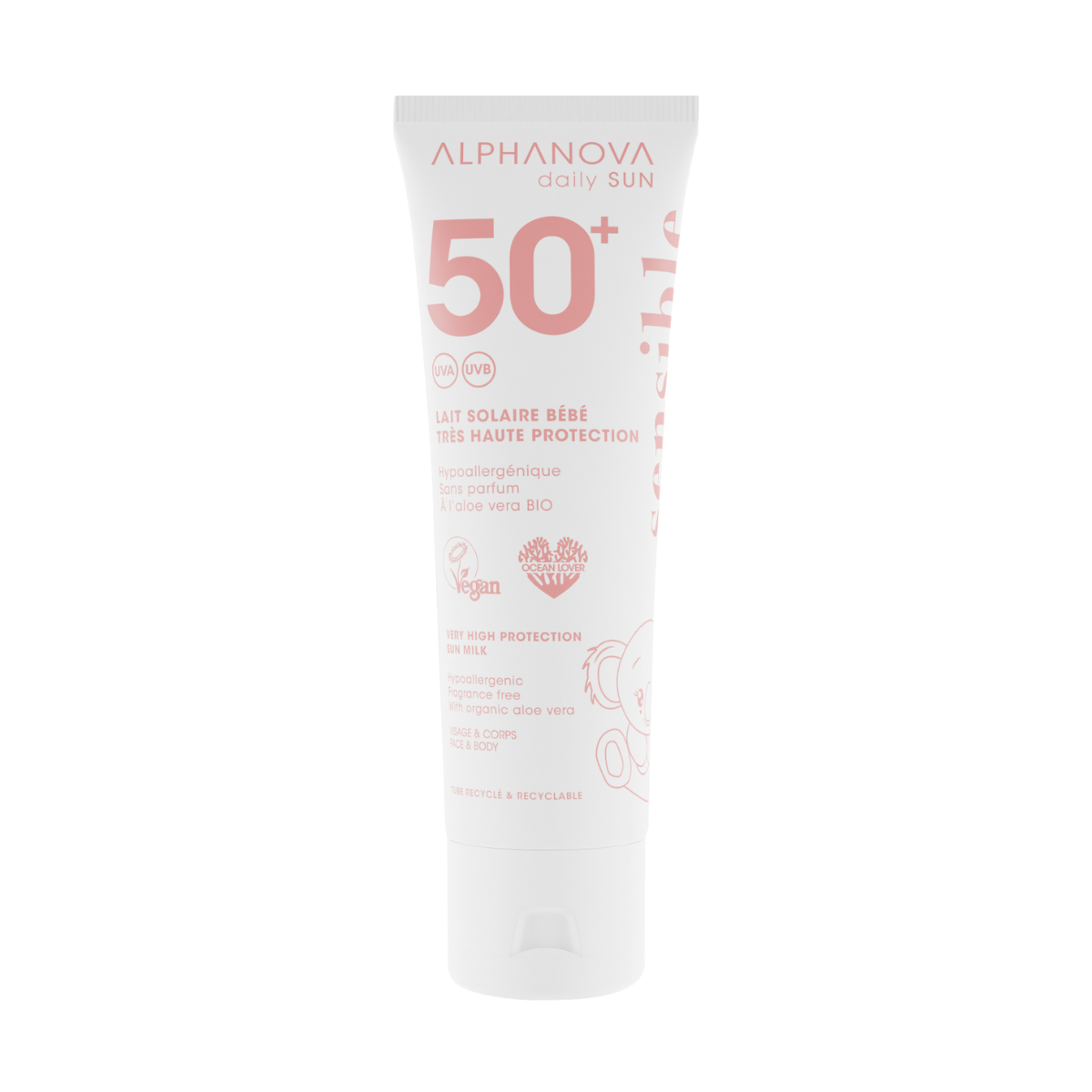 Alphanova Sun Baby sun milk SPF50+ bottle with sensitive bio formula, designed for delicate skin, shown in the image.