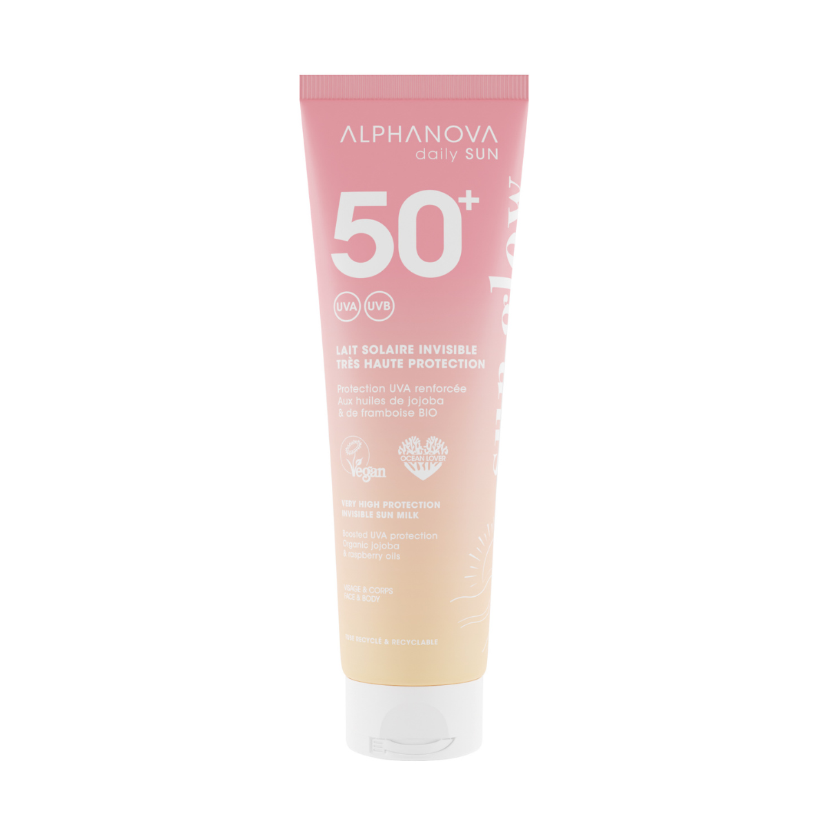 Alphanova Sun Invisible Sun Milk SPF50 bottle, natural bio sun protection for glowing skin, 150ml, Zonnen product.