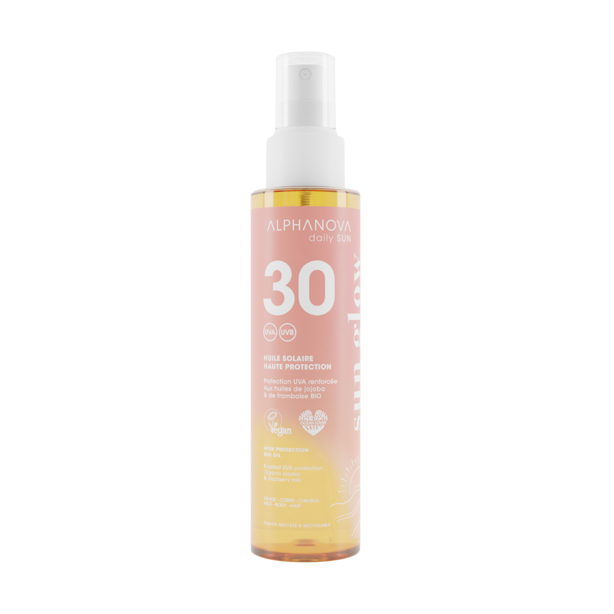 Alphanova Sun SPF30 sun protective sun oil with sun glow, 125ml bottle, natural skincare product for outdoor sun protection.