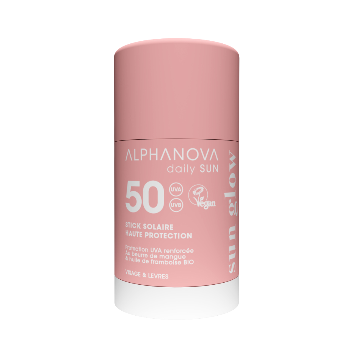 Alphanova Sun face sun stick with SPF50, bio sun protection, featuring a compact, portable sun glow stick in a 17ml tube.