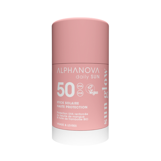 Alphanova Sun face sun stick with SPF50, bio sun protection, featuring a compact, portable sun glow stick in a 17ml tube.