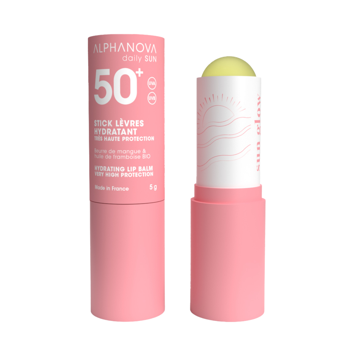 Alphanova Sun Sun Lip Stick SPF50 bio sunscreen stick in 4g, featuring a sun glow design with natural ingredients and SPF protection.