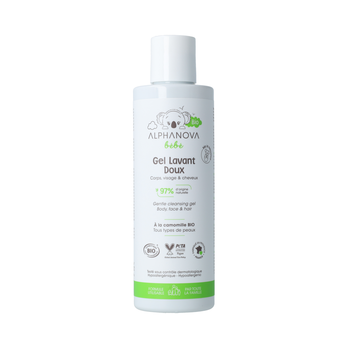 Alphanova Bebe Cleansing Gel for baby face, body, and hair in a 200ml bottle, gentle natural baby skincare product