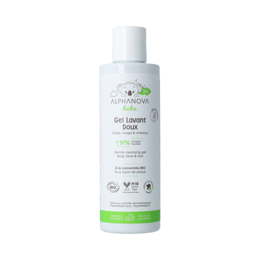 Alphanova Bebe Cleansing Gel for baby face, body, and hair in a 200ml bottle, gentle natural baby skincare product