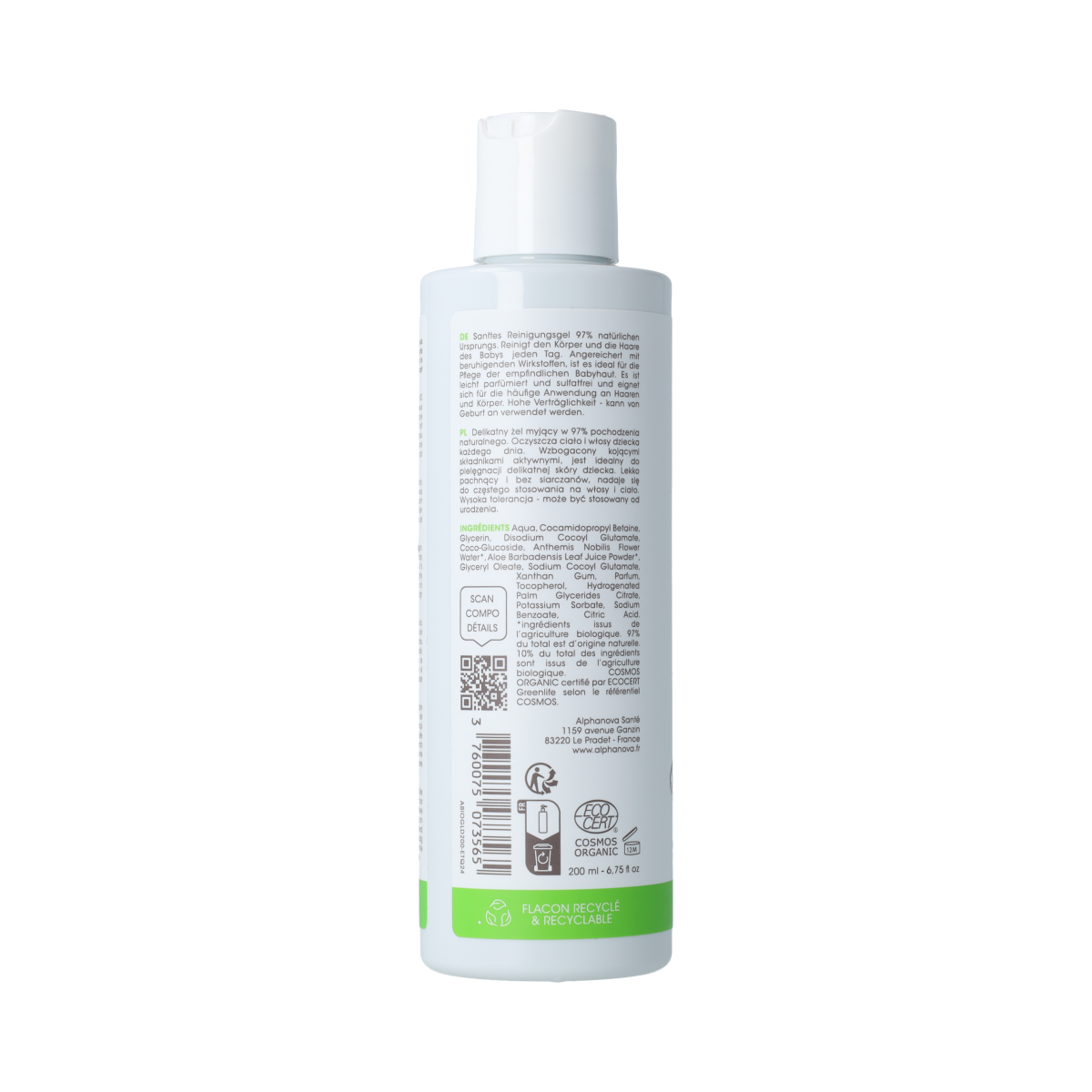 Alphanova Bebe cleansing gel for baby face, body, and hair in a 200ml bottle, gentle natural baby care product.