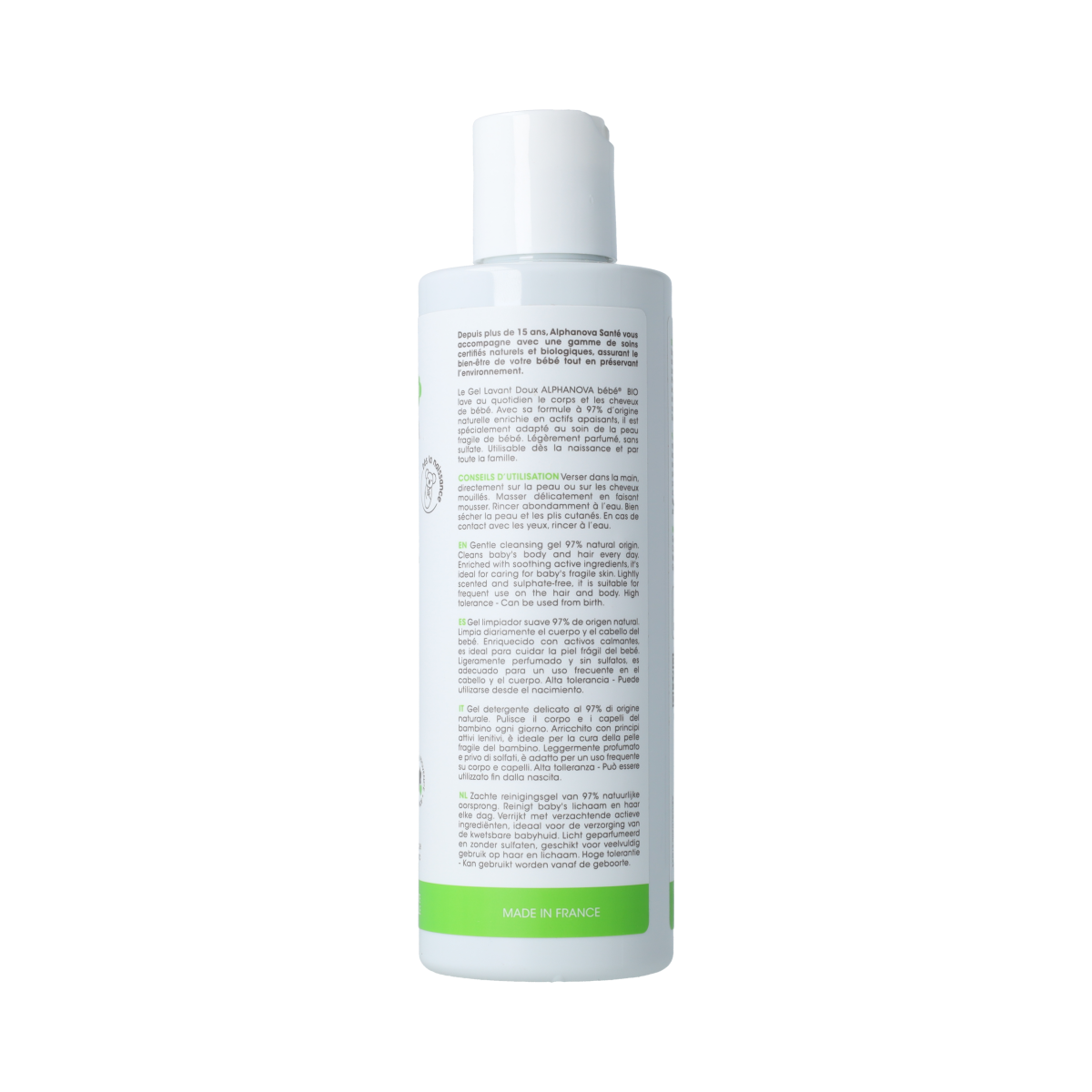 Alphanova Bebe Cleansing Gel for baby face, body, and hair in a 200ml bottle, gentle natural baby skincare product