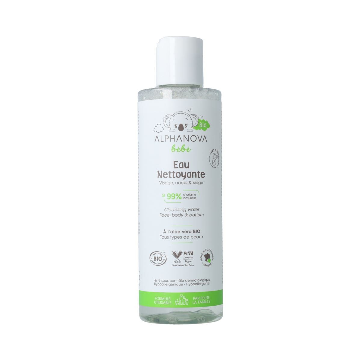 Alphanova Bebe Cleansing Water in a 200ml bottle, gentle facial skincare product for babies with natural ingredients.