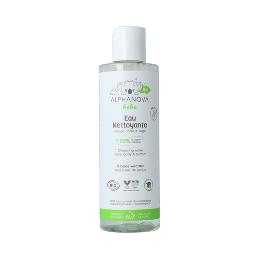 Alphanova Bebe Cleansing Water in a 200ml bottle, gentle facial skincare product for babies with natural ingredients.