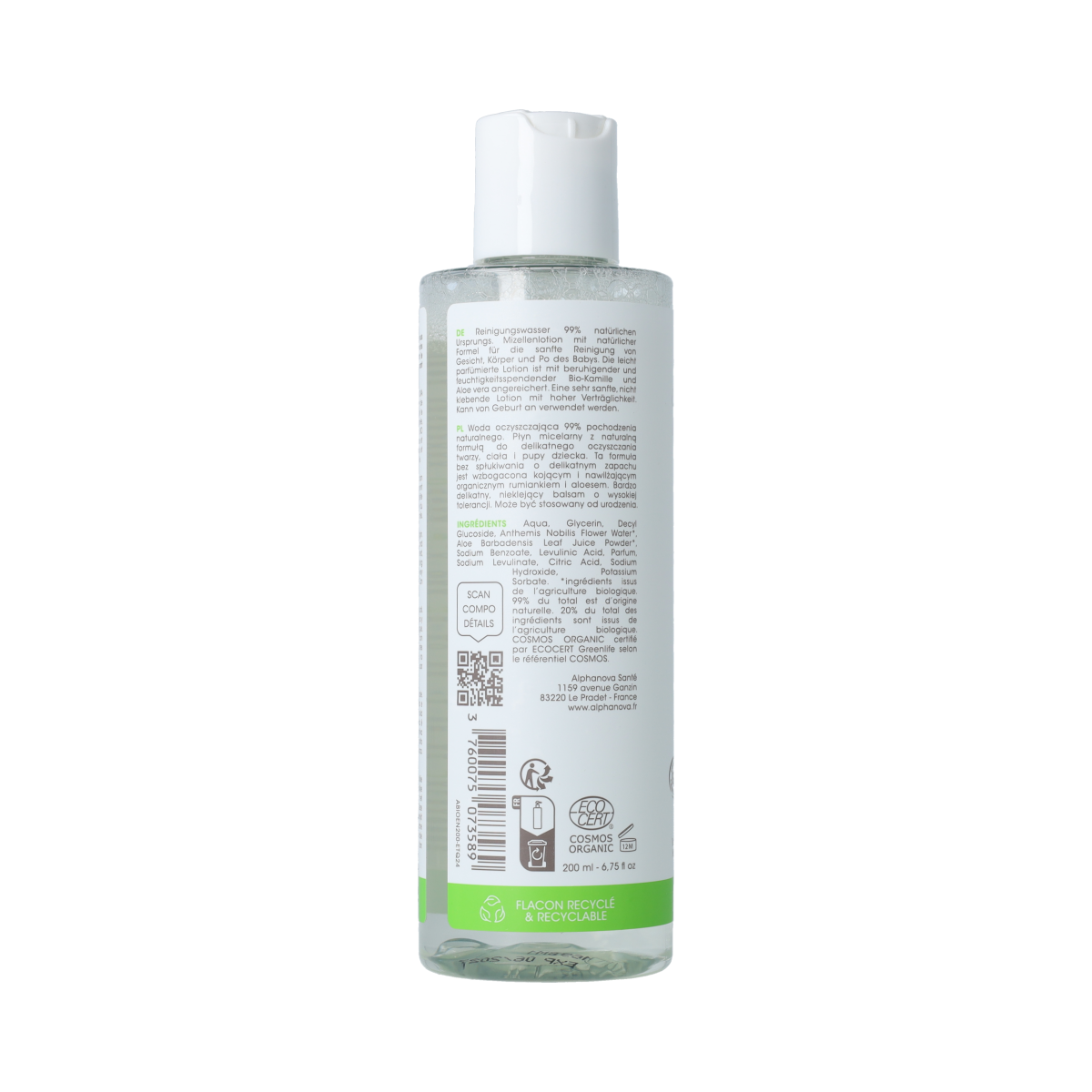 Alphanova Bebe Cleansing Water 200ml for gentle facial skincare, featuring natural ingredients and suitable for delicate skin.