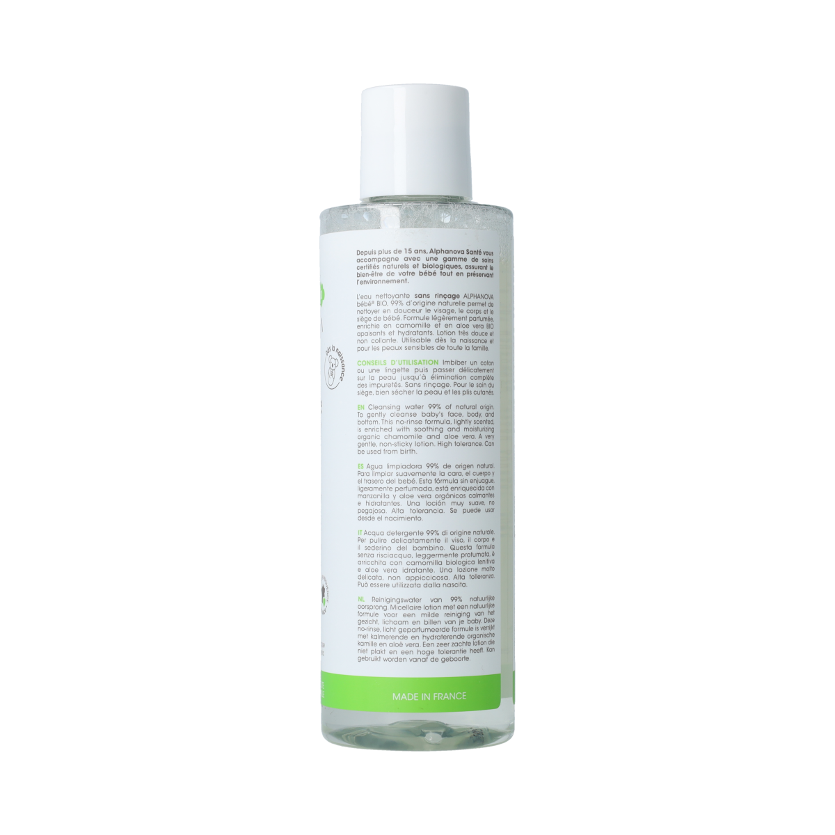 Alphanova Bebe Cleansing Water 200ml for gentle facial skincare, featuring a clear bottle with a soft, natural design.