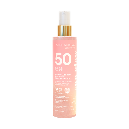 Alphanova Sun Pink Sun Oil SPF50 bio, 125ml, with glitter and sun protection, shown in a 125ml bottle on a white background.