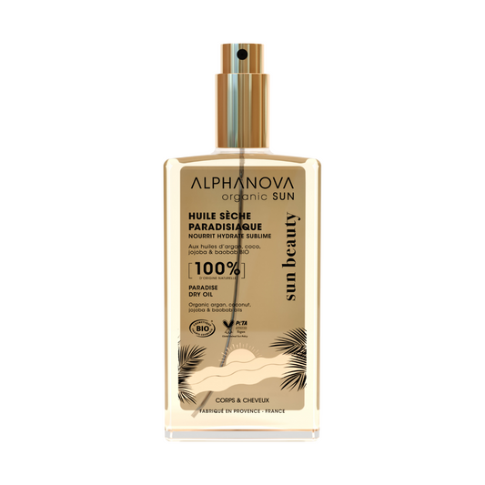Alphanova Sun Sun Paradise dry oil bio in 100ml bottle, natural sunscreen with nourishing ingredients, for radiant skin.