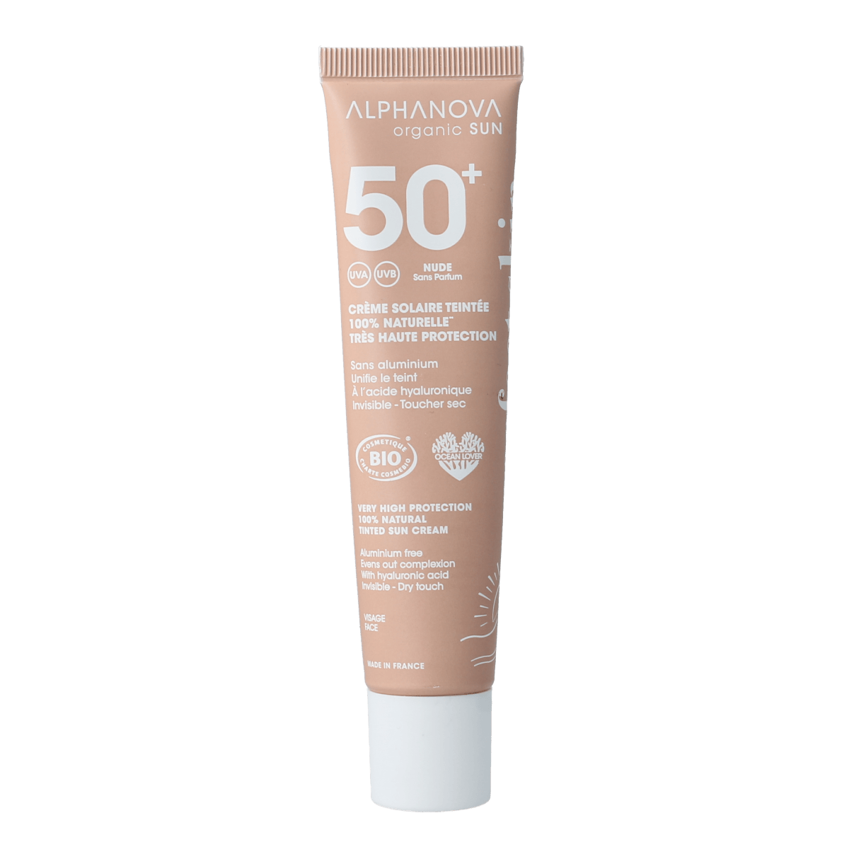 Alphanova skin Sun Face Tinted Cream Light SPF50+ in 40g jar, natural makeup with broad-spectrum sun protection.