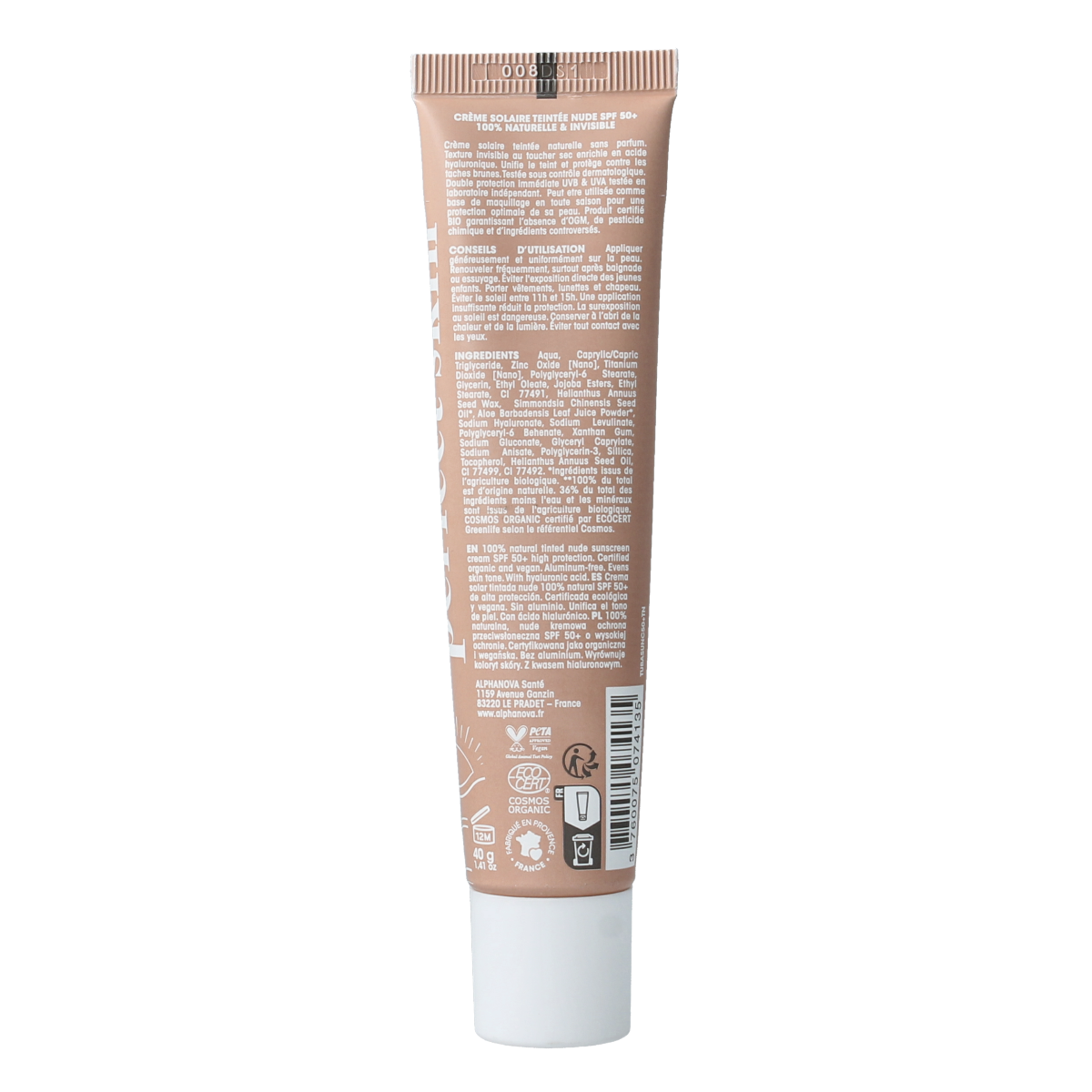 Alphanova skin Sun Face Tinted Cream Light SPF 50+ in 40g, a natural tinted moisturizer with sun protection.