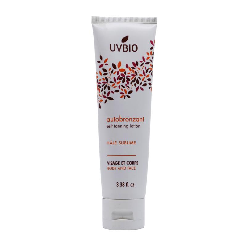 UVBIO self tanning lotion bottle with UVBIO branding, featuring a sleek design and a 100ml size for natural sunless tanning.