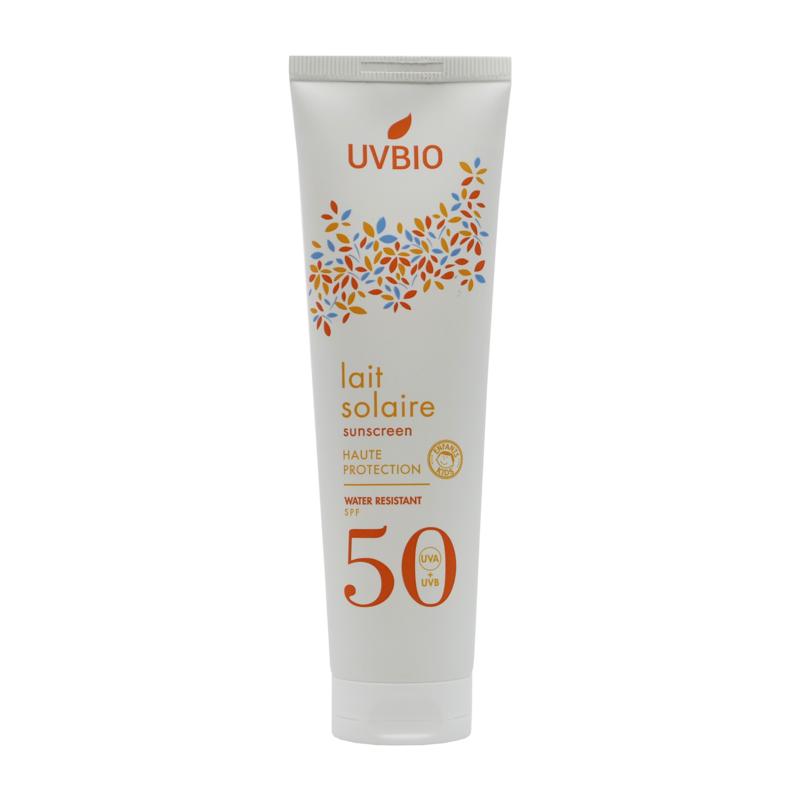 UVBIO Sunscreen SPF50 bottle with pump dispenser, 100ml, featuring UV protection for face and body in a sleek design.