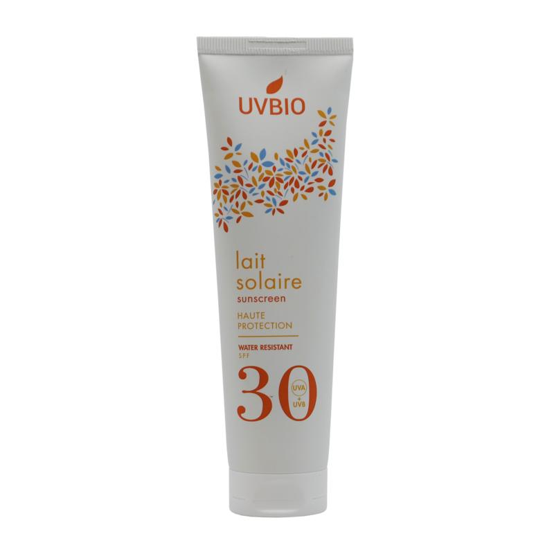 UVBIO Sunscreen SPF30 bottle, 100ml, with UV protection label, showing the UVBIO brand and product details.