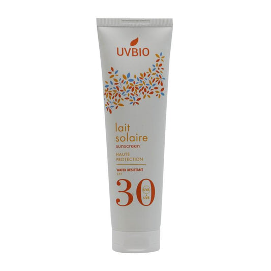 UVBIO Sunscreen SPF30 bottle, 100ml, with UV protection label, showing the UVBIO brand and product details.