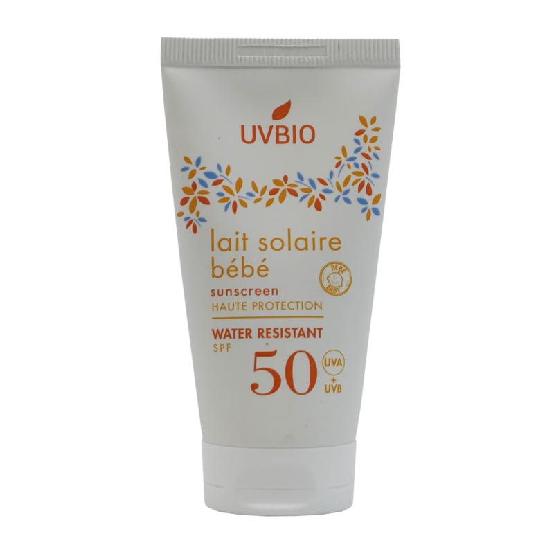 UVBIO baby sunscreen SPF50 lotion in a 50ml tube, designed for gentle sun protection for infants.
