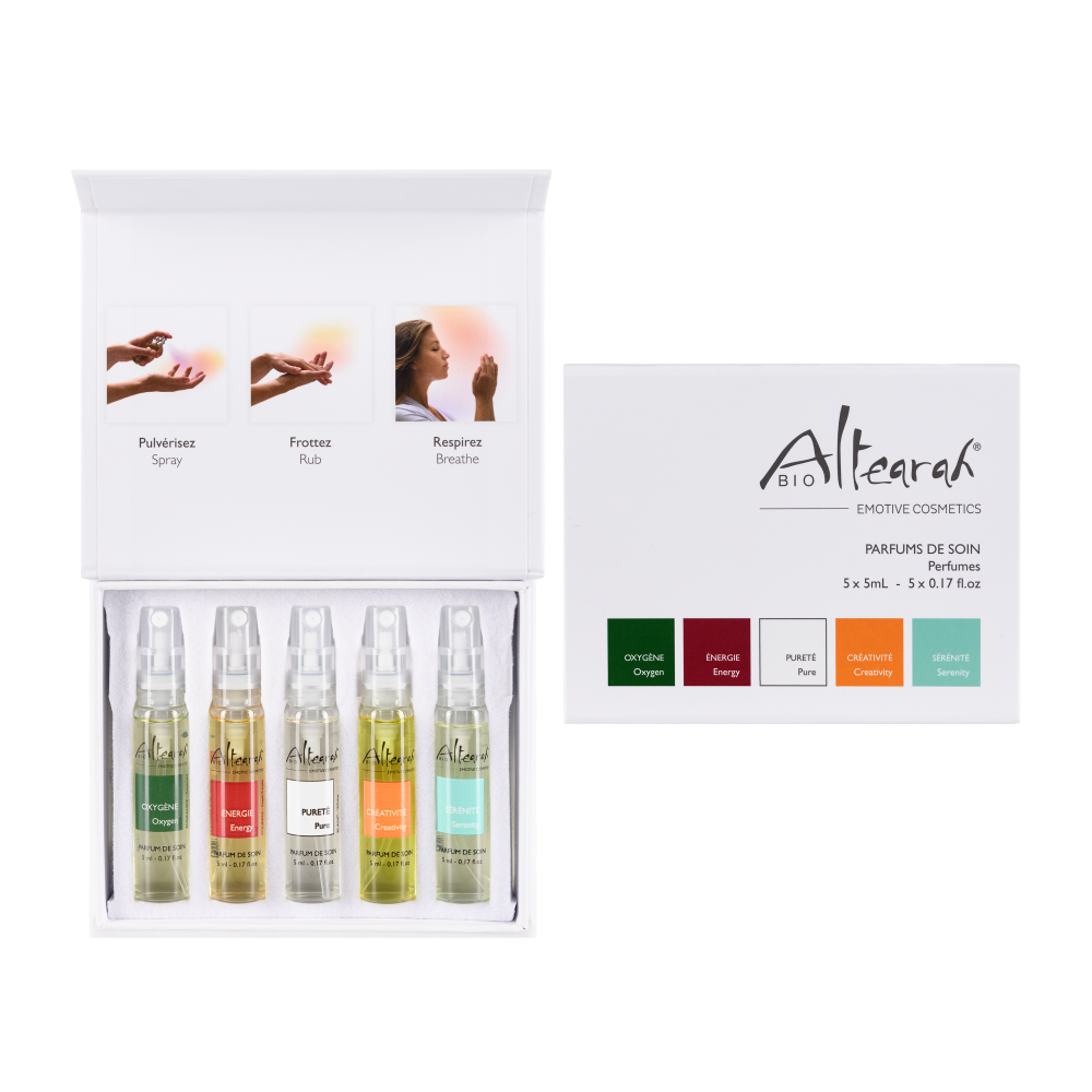 Set of five 5ml Altearah Parfum de soin essentials with natural bio fragrances, featuring colorful glass bottles.