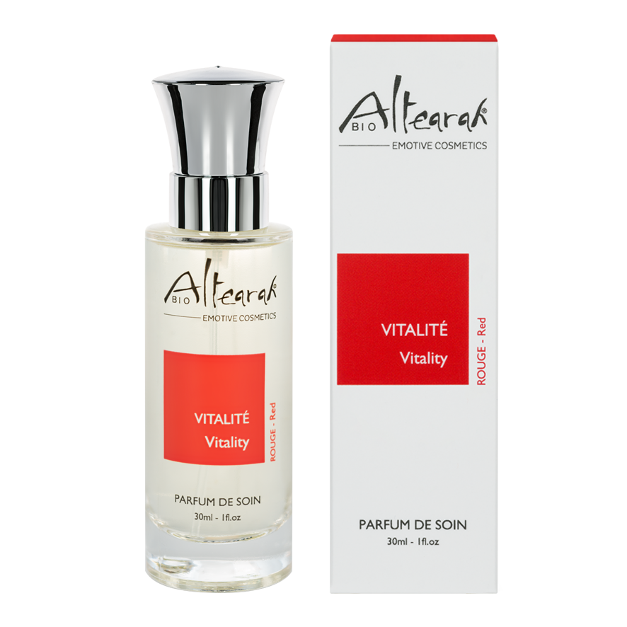 Altearah Red Vitality bio parfum de soin, 30ml, featuring a sleek bottle with red accents and natural fragrance details.