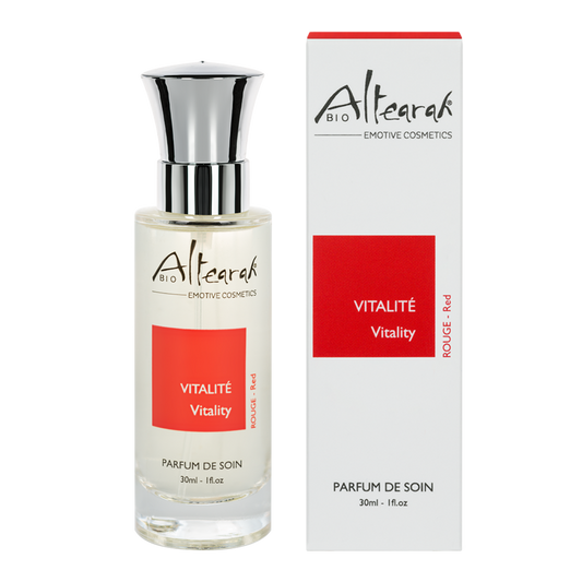 Altearah Red Vitality bio parfum de soin, 30ml, featuring a sleek bottle with red accents and natural fragrance details.