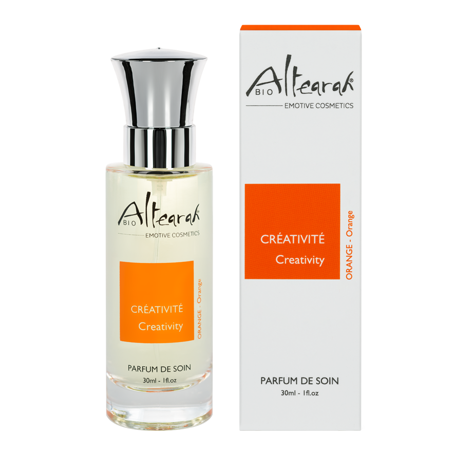 Altearah Orange Creativity bio parfum de soin bottle, 30ml, featuring a sleek glass design with an orange label and silver cap.