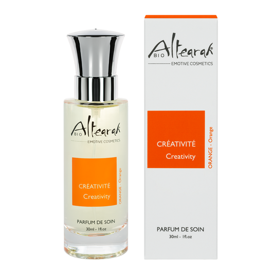 Altearah Orange Creativity bio parfum de soin bottle, 30ml, featuring a sleek glass design with an orange label and silver cap.