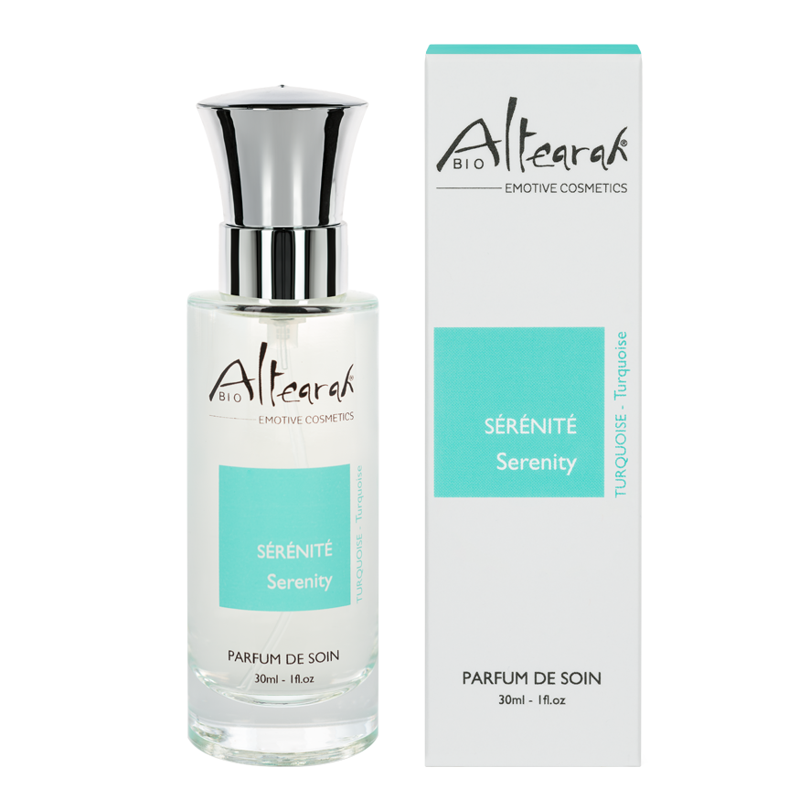 Altearah Turquoise Serenity bio parfum de soin, 30ml, with a sleek bottle and turquoise design, for calming aromatherapy.