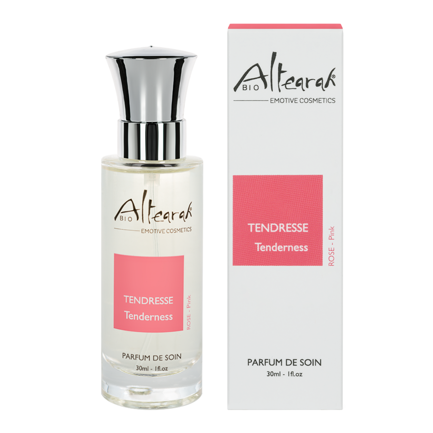 Altearah Pink Tenderness Bio Parfum de Soin, 30ml, natural fragrance with pink hue, showcasing the elegant bottle and product label.