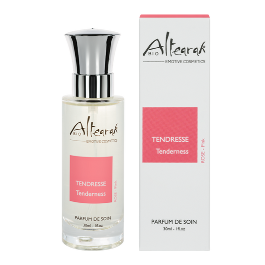 Altearah Pink Tenderness Bio Parfum de Soin, 30ml, natural fragrance with pink hue, showcasing the elegant bottle and product label.