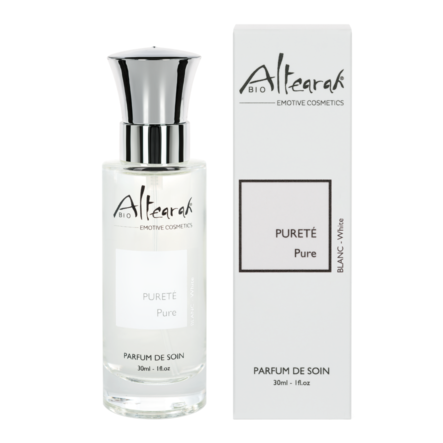 Altearah White Pure Bio Perfume de Soin, 30ml, featuring a clear glass bottle with white cap, showcasing natural skincare fragrance.