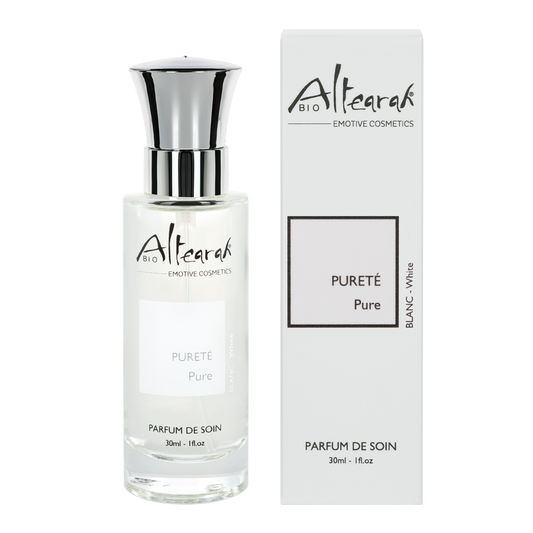 Altearah White Pure Bio Perfume de Soin, 30ml, featuring a clear glass bottle with white cap, showcasing natural skincare fragrance.