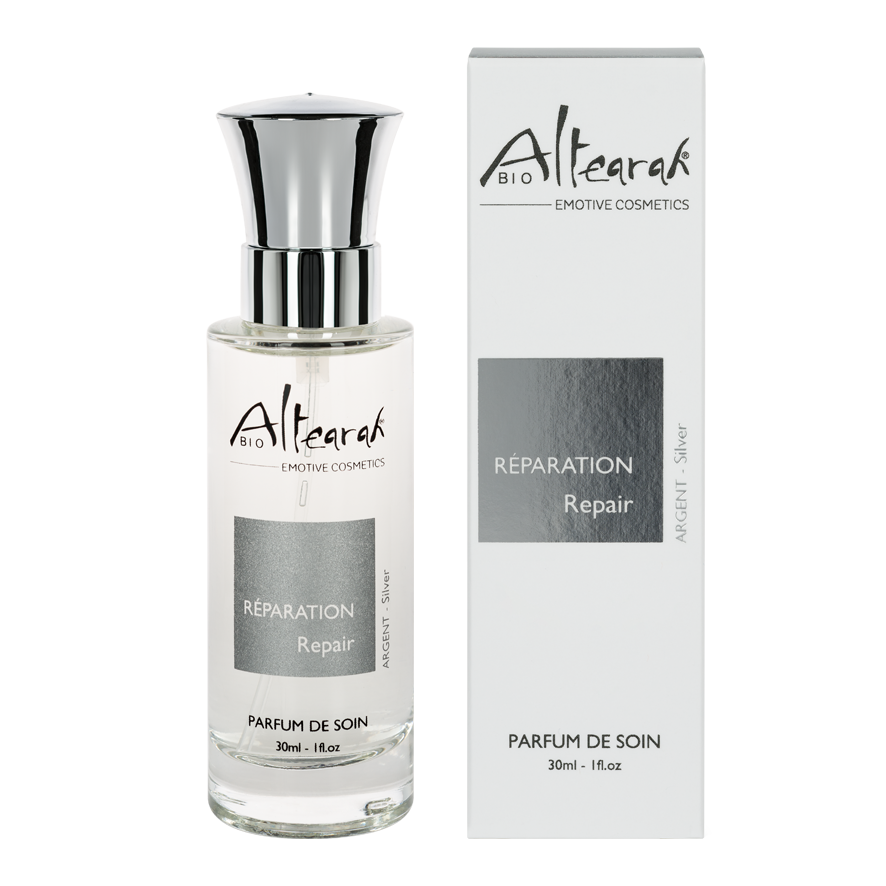 Altearah Silver Repair Bio Perfume de Soin, 30ml, with a sleek glass bottle and silver cap, showcasing elegant branding.