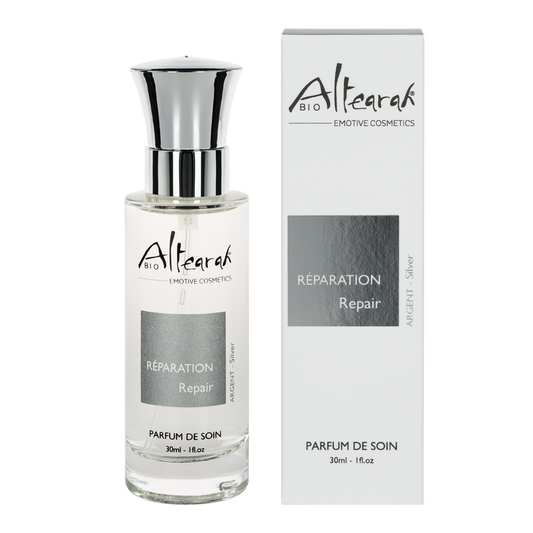 Altearah Silver Repair Bio Perfume de Soin, 30ml, with a sleek glass bottle and silver cap, showcasing elegant branding.