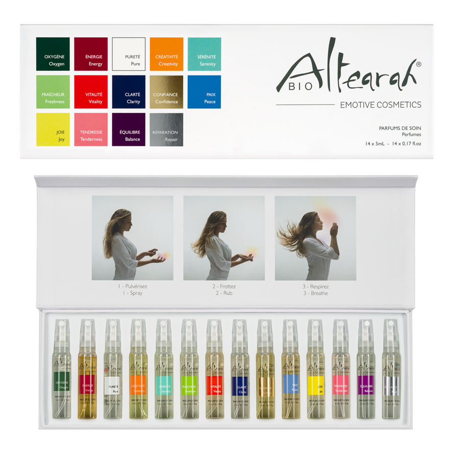 Altearah Parfum de soin set with 14 bio 5ml bottles of natural fragrances, displayed in a sleek box.