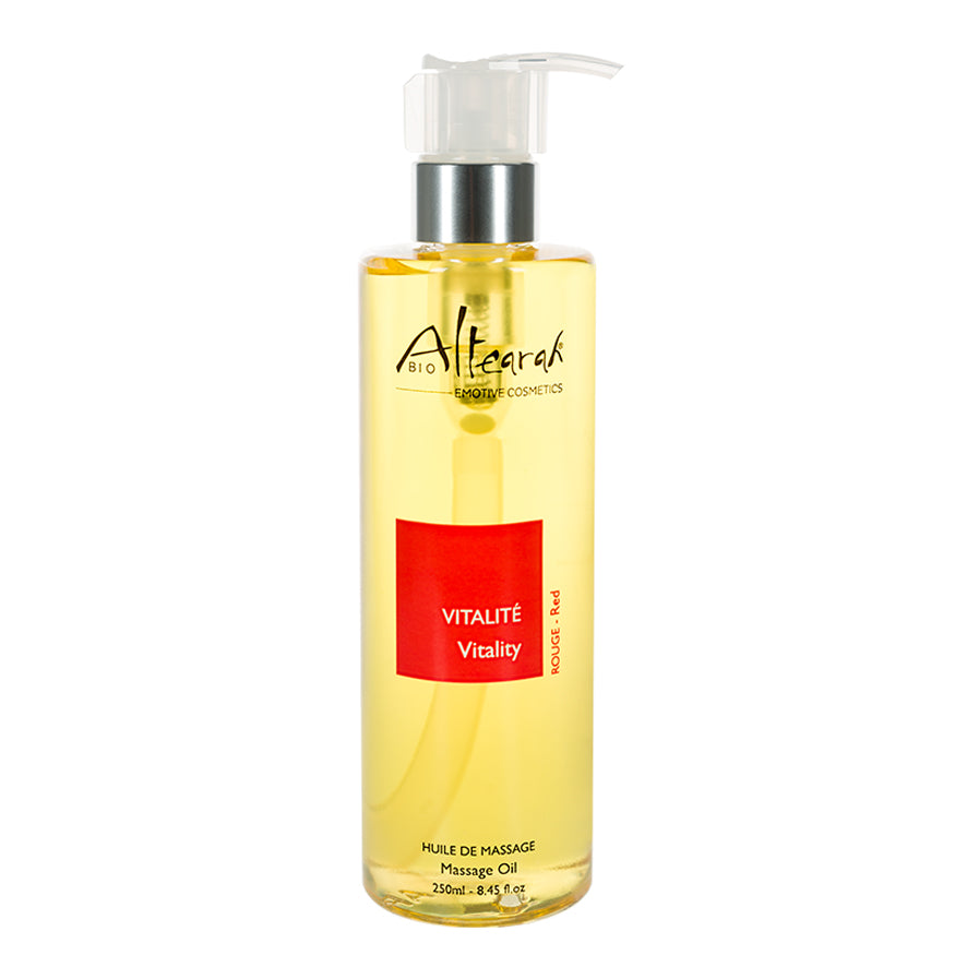 Altearah Vitality Red Bio Massage Oil in 250ml bottle, natural body care product with vibrant red liquid, healthy skin moisturizer
