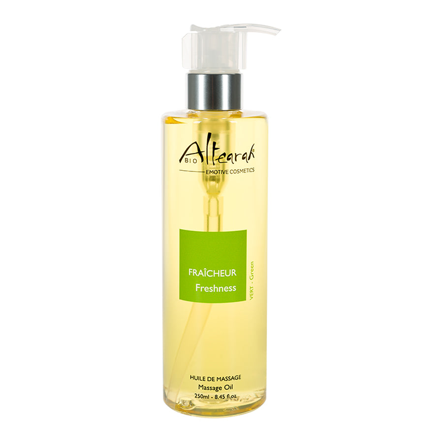 Altearah Freshness Green Bio Massage Oil bottle, 250ml, natural body care product with green label, for soothing massage.