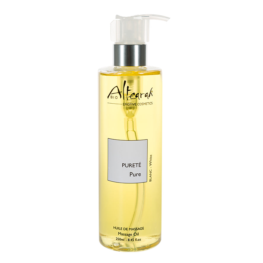 Altearah pure white massage oil in a 250ml bottle, suitable for body care and relaxation, with a clean, minimalist label.